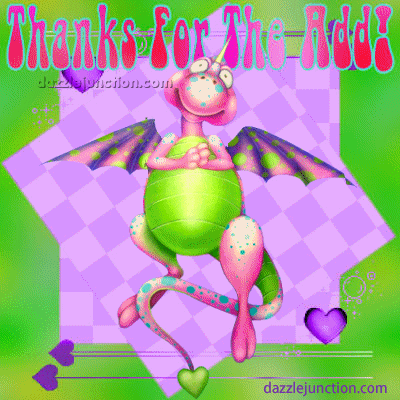 Bright green frog graphic with a Thanks for the Add message.