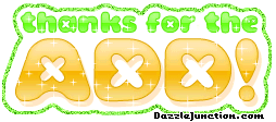 Bright yellow and green graphic that says Thanks for the Add.