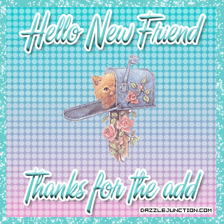 Cute cat mailbox graphic that says Hello New Friend, Thanks for the Add.