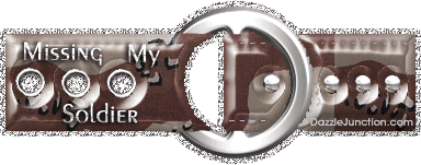 Animated brown camouflage glitter belt with a Missing My Soldier saying.