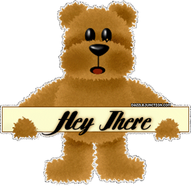 Cute teddy bear holding a sign that says Hey There
