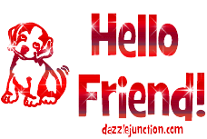 Red glitter puppy greeting image that says Hello Friend