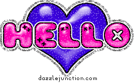 Purple glitter greeting image that says Hello