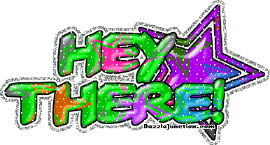 Bright green and purple greeting image that says Hey There