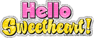 Purple and yellow glitter greeting image that says Hello Sweetheart