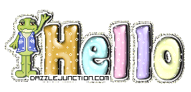 Frog Waving beside Colorful block-letter greeting image that says Hello