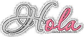Silver script greeting image that says Hola