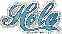 Blue script greeting image that says Hola