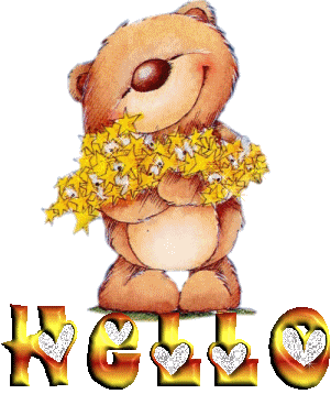 Bear holding flowers greeting image that says Hello